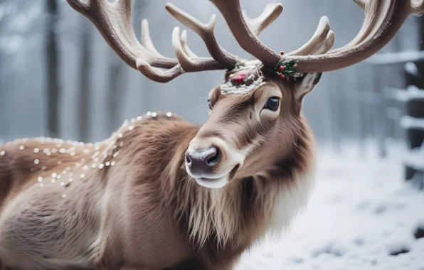 Winter, forest, look, face, snow, nature, portrait, deer