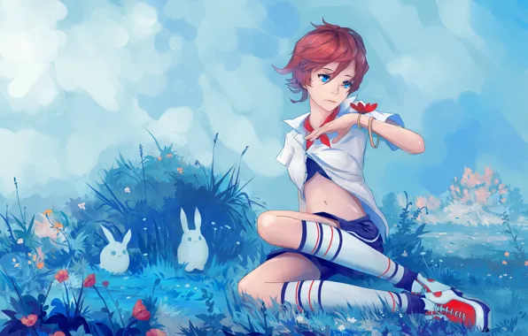 Picture look, girl, nature, pose, butterfly, haircut, anime, art