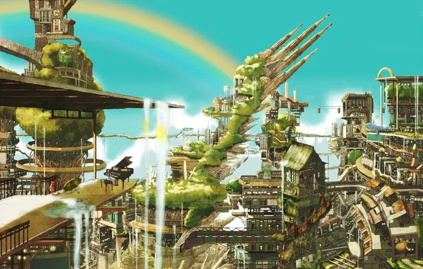 Picture girl, bridge, the city, robot, waterfall, piano, art, the transition