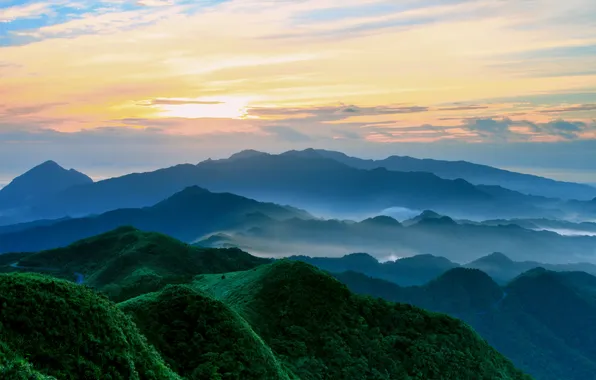 The sky, fog, hills, morning