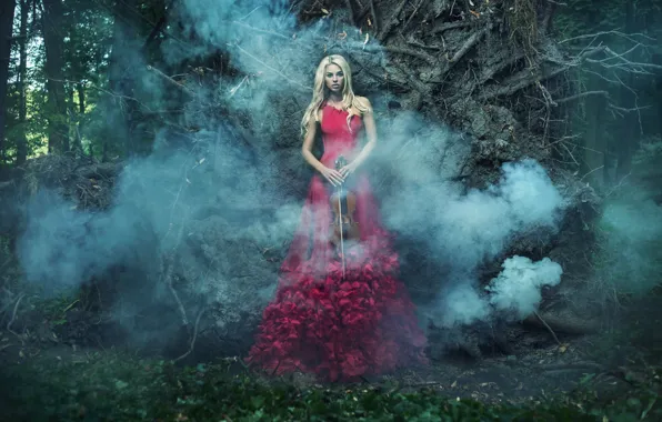 Girl, trees, violin, smoke, dress, blonde, in red, one