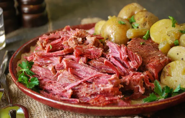 Greens, meat, dish, potatoes