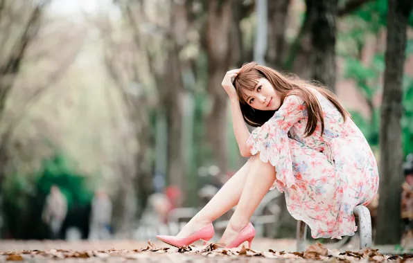 Girl, Park, dress, Asian, cutie