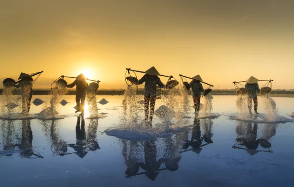 Lake, people, Vietnam, salt