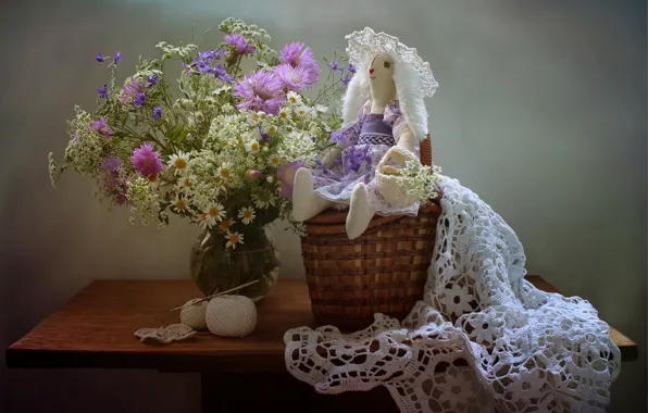 Summer, flowers, still life, Bunny, congratulations, toy tilde