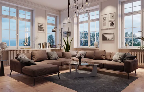 Design, room, sofa, Windows, interior, pillow, chandelier, table