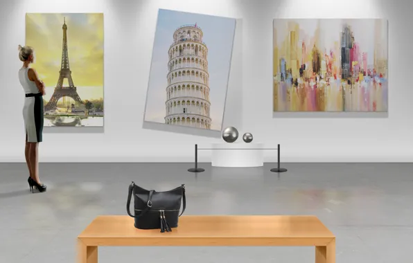 Eiffel tower, art gallery, tower of pisa