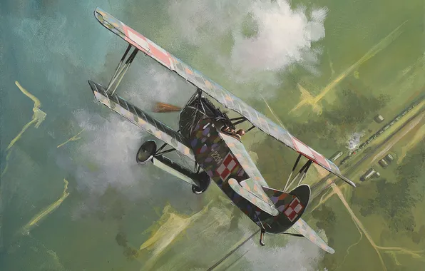 Clouds, The plane, Germany, Flight, Picture, Art, The Fokker D. VII, English artist