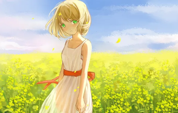 Field, flowers, yellow, dress, art, girl, clouble