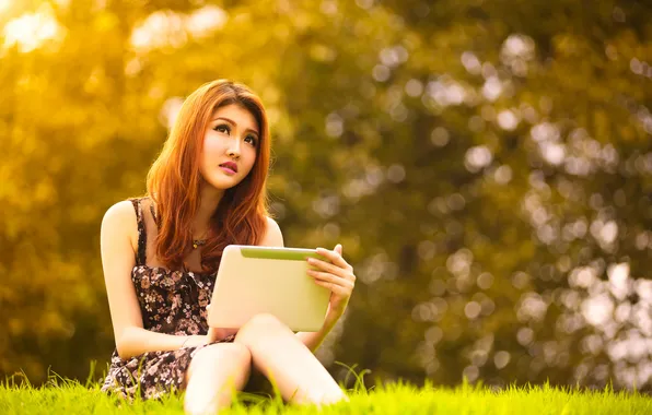Look, girl, Park, red, Asian, sitting, tablet