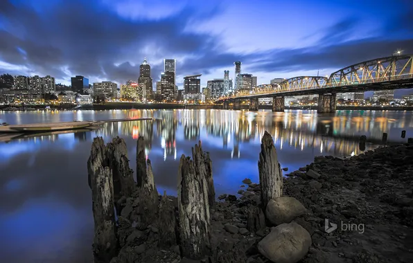 The sky, clouds, bridge, lights, river, home, skyscrapers, the evening