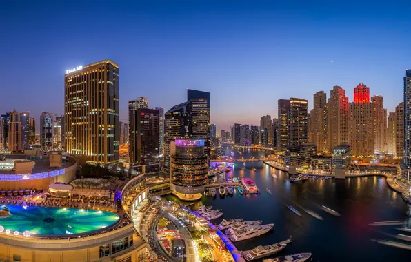 Building, Bay, yachts, pool, panorama, Bay, Dubai, night city