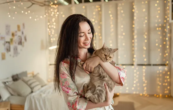 Picture A Diakov George, brunette, model, cat, smile, bedroom