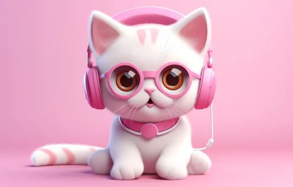 Cat, white, cat, look, pose, music, kitty, headphones