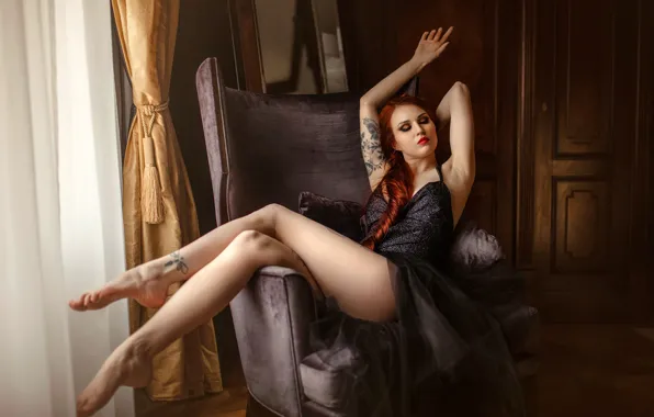Pose, room, model, interior, makeup, figure, dress, tattoo
