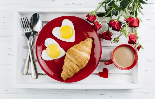 Coffee, roses, bouquet, Breakfast, hearts, love, rose, heart