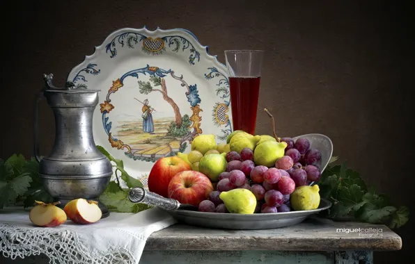 Wine, apples, glass, plate, grapes, still life, figs