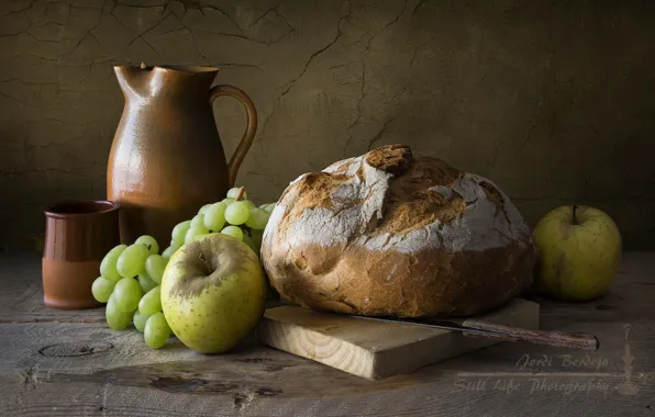 Apple, bread, grapes, pitcher, still life