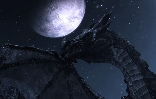 Picture night, the moon, dragon, Skyrim, The Elder Scrolls V Skyrim