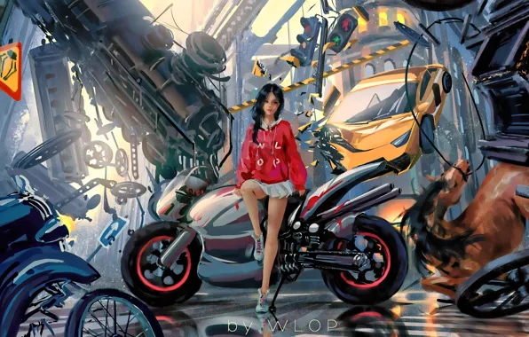 Car, city, girl, fantasy, game, science fiction, motorcycle, sci-fi