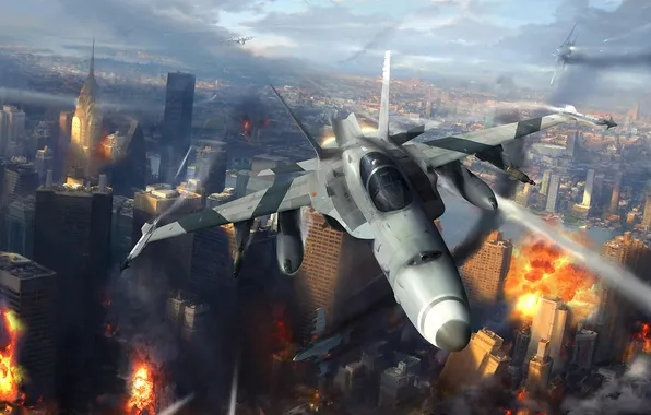 Picture the city, fire, art, aircraft, fighters, destruction, attack, Jae Cheol Park