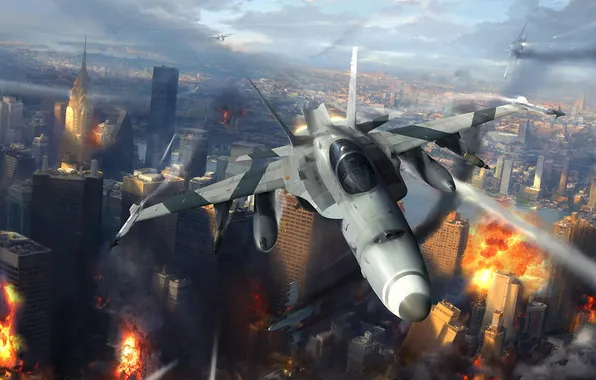 The city, fire, art, aircraft, fighters, destruction, attack, Jae Cheol Park