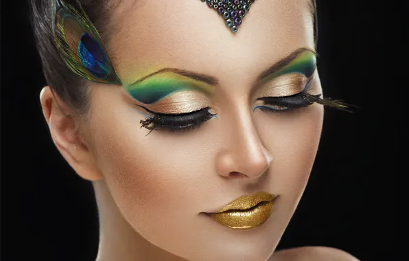 Girl, eyelashes, hair, shadow, makeup, peacock feathers, decoration. background