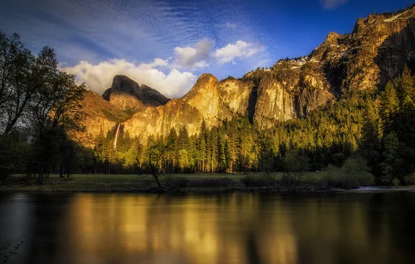 Picture the sky, clouds, trees, sunset, mountains, river, USA, Yosemite National Park