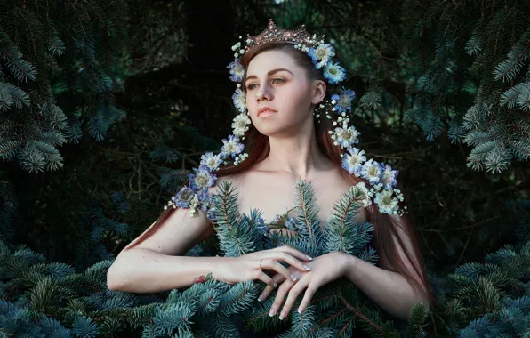 Picture girl, flowers, mood, crown, hands, spruce branches, Bella Kotak, Olivia Ward