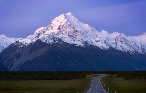 Picture road, sky, field, landscape, nature, mountain, snow, Denali