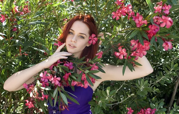 Picture look, girl, flowers, face, hand, dress, red hair