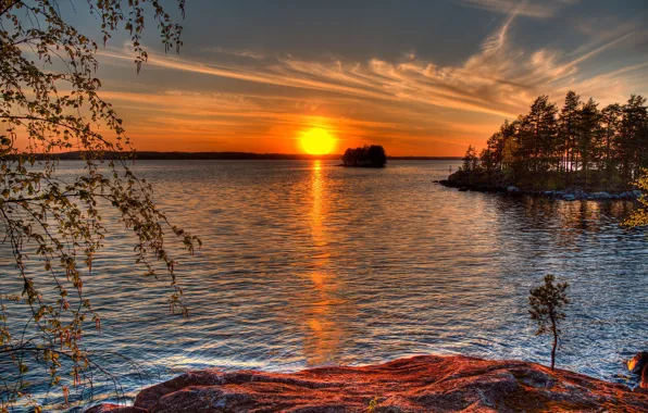 Picture forest, the sky, the sun, trees, sunset, river, island, Finland