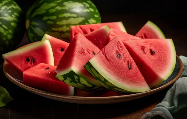 Summer, table, watermelon, bowl, black background, still life, a lot, slices