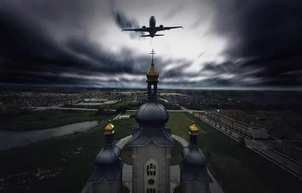 Picture the city, temple, the plane
