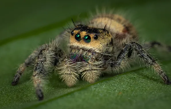 Look, macro, green, leaf, spider, jumper, spider, jumping spider