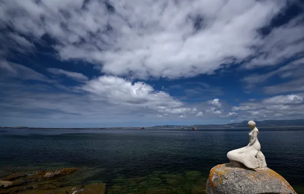 Picture sea, the sky, girl, clouds, shore, mermaid, sculpture, pond
