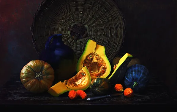 The dark background, dishes, pumpkin, pitcher, still life, network, items, composition