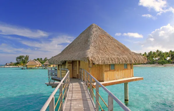 Tropics, the ocean, Laguna, Bungalow, polynesia, bora-bora