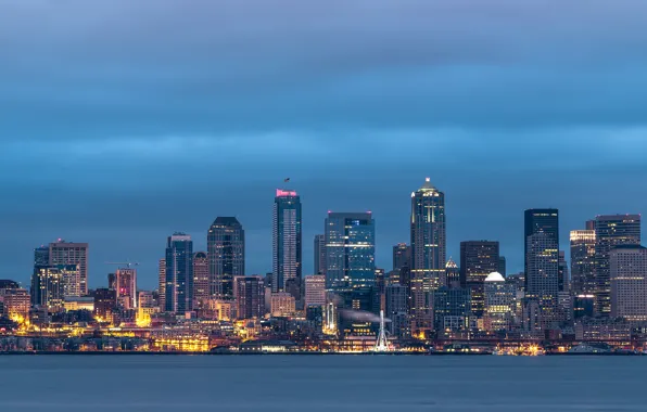 City, skyline, panorama, morning, Washington, blue hour, cityscape, Seattle