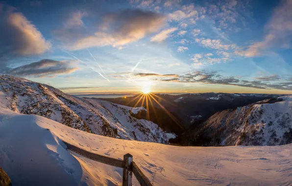 Trees, sunset, Snow, mountains, valley, overlook