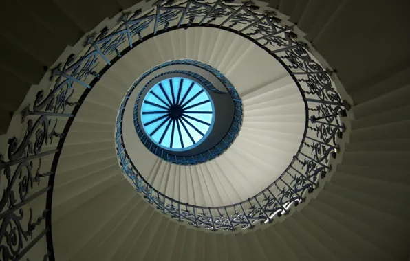 The sky, window, railings, stage, Spiral staircase