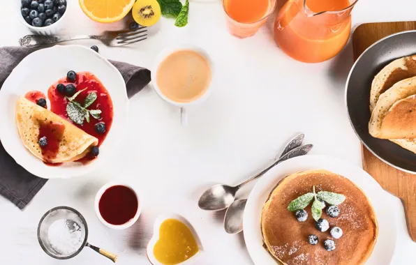 Berries, coffee, Breakfast, juice, fruit, pancakes, jam, decanter