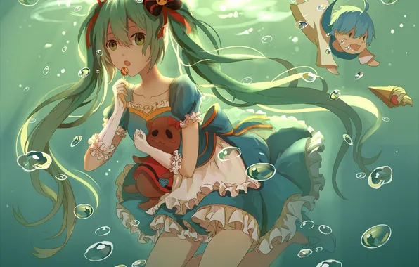 Girl, bubbles, anime, art, guy, vocaloid, under water, kaito