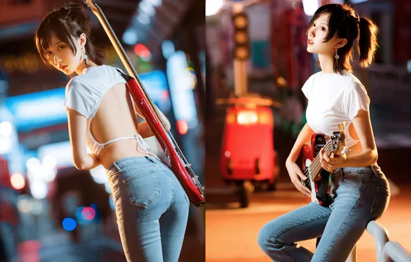 Dark, Beautiful, Asian, Model, Smile, Night, Street, Guitar