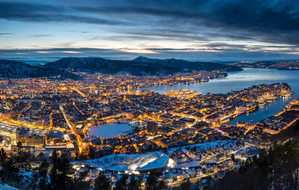 Winter, mountains, Norway, panorama, night city, Norway, Bergen, Mountains