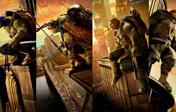 Picture fantasy, four, poster, Raphael, Leonardo, Donatello, Michelangelo, Teenage Mutant Ninja Turtles: Out of the Shadows