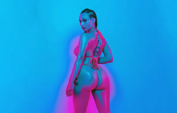 Women, ass, model, panties, neon, brunette, tattoo, bikini