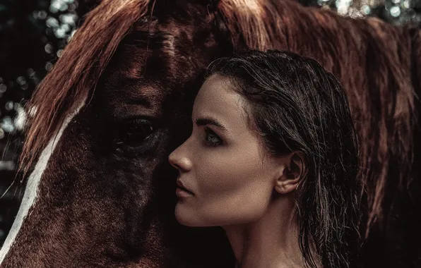 Girl, horse, horse, portrait, profile