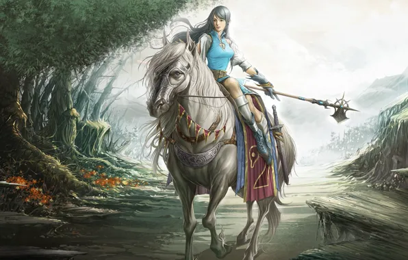 Forest, weapons, horse, Girl, tale, sword