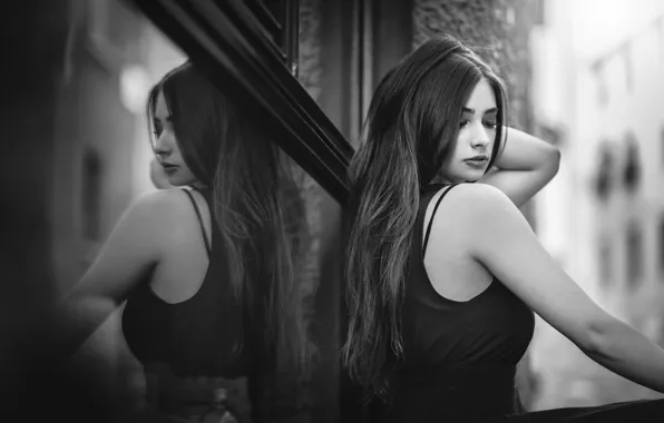 Glass, girl, reflection, black and white photo, looking down